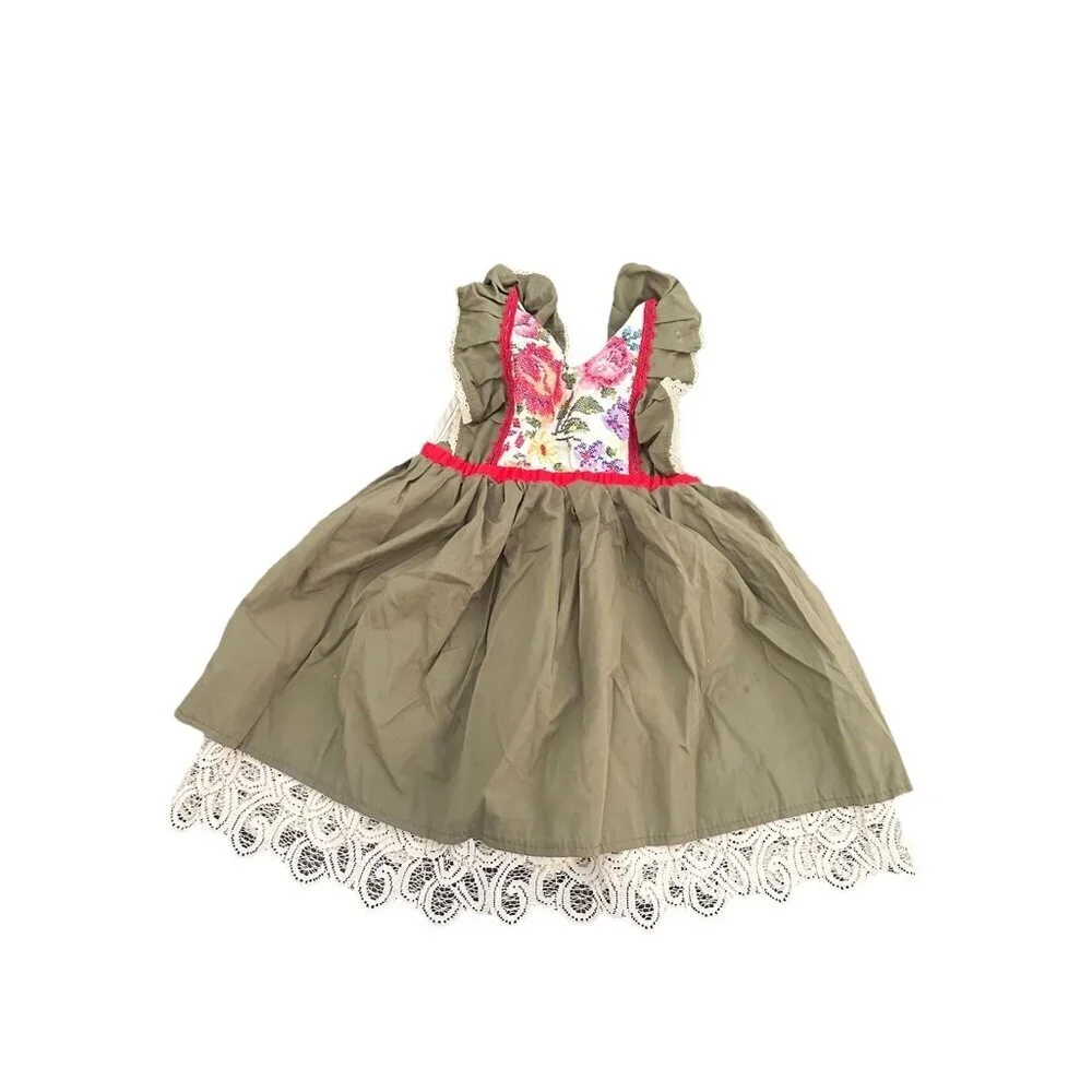 Girls Amanda Archer Co Handmade Dress Size 12-18 Months Green And Floral